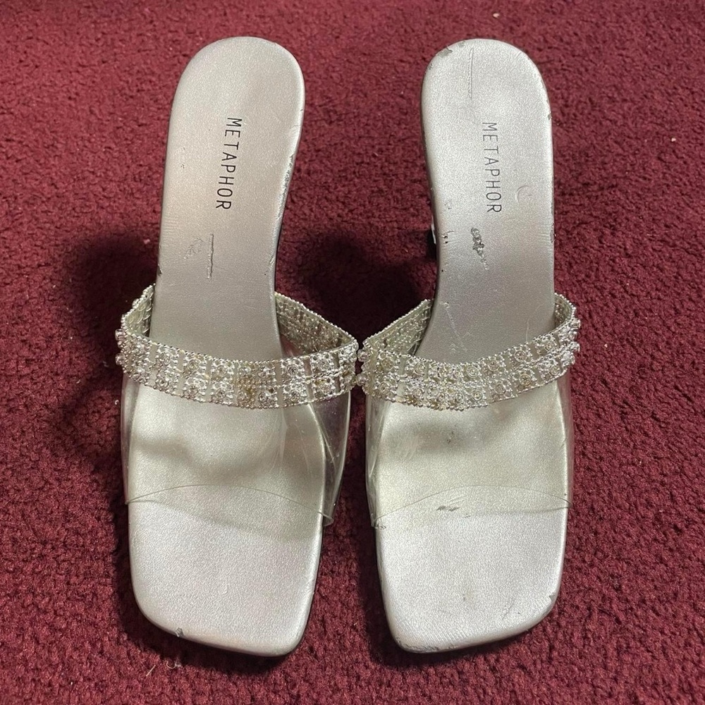 Y2K Metaphor Silver and Clear Rhinestone Heeled Mules Women’s